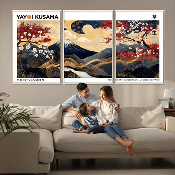 28945903-MGV-FC-60X30-3P_Natural-Yayoi Kusama Inspired Japanese Art Canvas Print – Framed Floral & Mt. Fuji Wall Decor, Modern Asian Style Canvas for Home, Office,