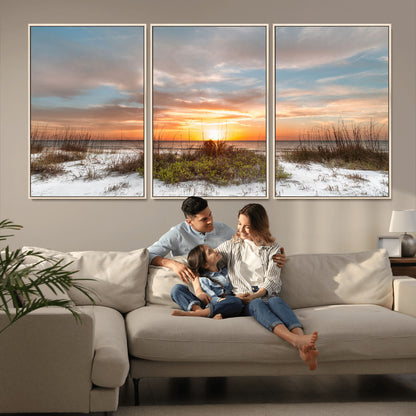 58266230-MGV-FC-60X30-3P_Natural-Sunset Beach Canvas Wall Art – Coastal Ocean Landscape Print, Seaside Nature Art for Coastal Chic Decor, Living Room, Bedroom,