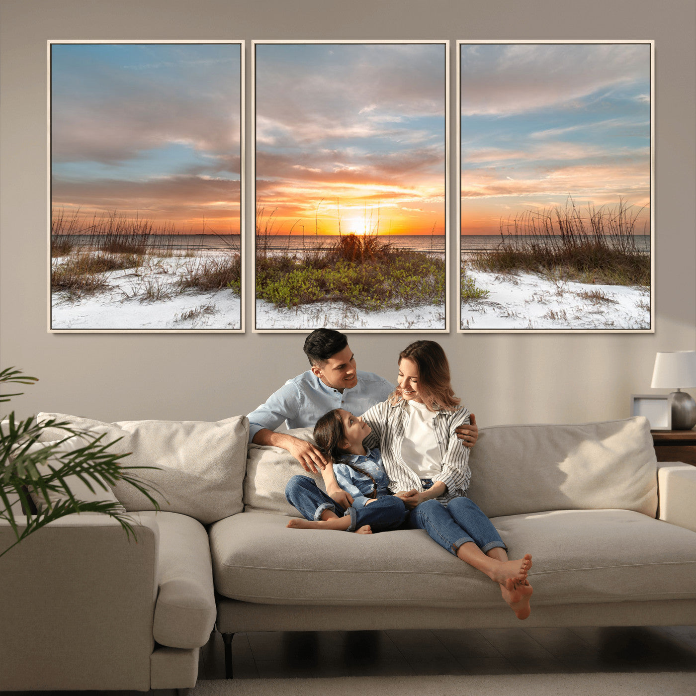 58266230-MGV-CV-36X24-Beach Sunset Wall Art – Coastal Canvas Print with Sandy Dunes, Sea Grass and Golden Sky, Serene Ocean Landscape Photography for