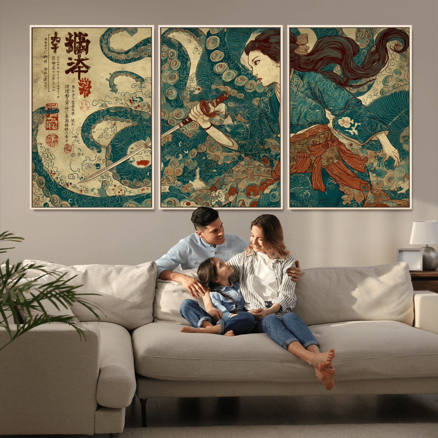 46837670-MGV-FC-60X30-3P_Natural-Tsukioka Yoshitoshi Samurai Wall Art Print, Japanese Katana Warrior Canvas Wall Art, Octopus Sea Monster Canvas Print,