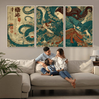 46837670-MGV-FC-60X30-3P_Natural-Tsukioka Yoshitoshi Samurai Wall Art Print, Japanese Katana Warrior Canvas Wall Art, Octopus Sea Monster Canvas Print,