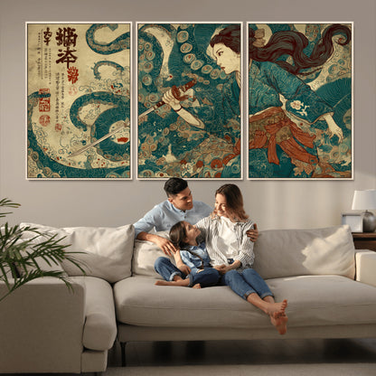 46837670-MGV-FC-60X30-3P_Natural-Tsukioka Yoshitoshi Samurai Wall Art Print, Japanese Katana Warrior Canvas Wall Art, Octopus Sea Monster Canvas Print,