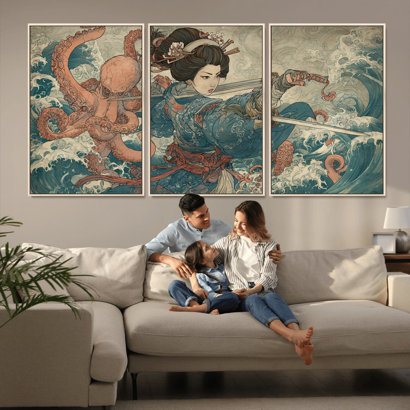 52037775-MGV-CV-36X24-Samurai Woman Wall Art – Japanese Ukiyo e Style Canvas Print with Katana, Ocean Waves and Octopus, Traditional Asian Inspired