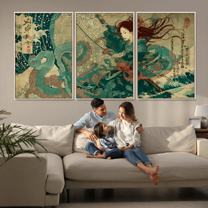 86918027-MGV-FC-60X30-3P_Natural-Tsukioka Yoshitoshi Samurai Wall Art Print, Japanese Katana Warrior Canvas Wall Art, Octopus Sea Monster Canvas Print,