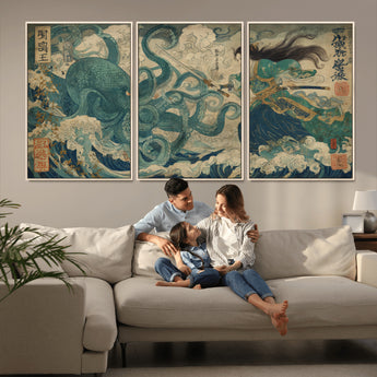 60346622-MGV-FC-60X30-3P_Natural-Tsukioka Yoshitoshi Samurai Wall Art Print, Japanese Katana Warrior Canvas Wall Art, Octopus Sea Monster Canvas Print,
