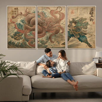 63782167-MGV-FC-60X30-3P_Natural-Tsukioka Yoshitoshi Samurai Wall Art Print, Japanese Katana Warrior Canvas Wall Art, Octopus Sea Monster Canvas Print,