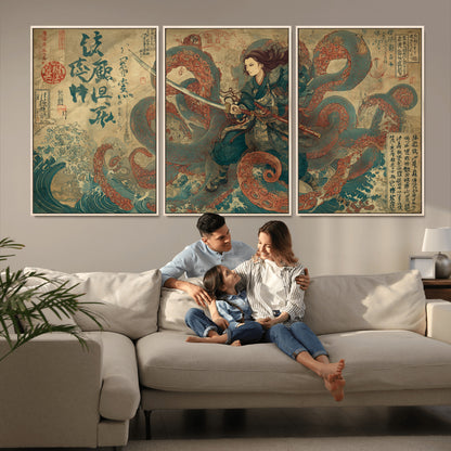 98593115-MGV-CV-36X24-Samurai Warrior vs Octopus Wall Art – Japanese Ukiyo-e Calligraphy Canvas Print, Ocean Battle Scene Artwork for Living Room,