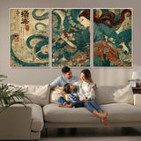 18575670-MGV-FC-60X30-3P_Natural-Samurai Woman vs Octopus Wall Art – Japanese Ukiyo-e Ocean Battle Canvas Print, Traditional Warrior Artwork for Living Room,