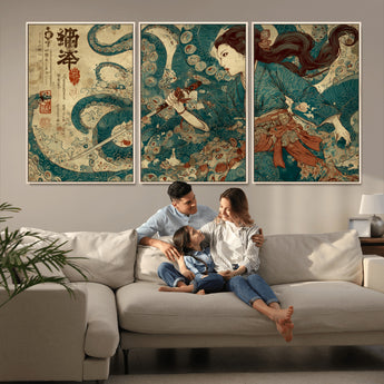 18575670-MGV-FC-60X30-3P_Natural-Samurai Woman vs Octopus Wall Art – Japanese Ukiyo-e Ocean Battle Canvas Print, Traditional Warrior Artwork for Living Room,