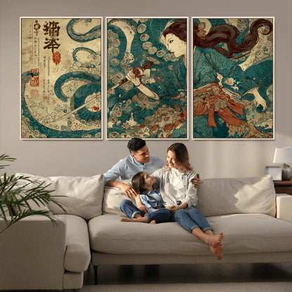 18575670-MGV-FC-60X30-3P_Natural-Samurai Woman vs Octopus Wall Art – Japanese Ukiyo-e Ocean Battle Canvas Print, Traditional Warrior Artwork for Living Room,