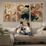 50812504-MGV-FC-60X30-3P_Natural-Tsukioka Yoshitoshi Samurai Wall Art Print, Japanese Katana Warrior Canvas Wall Art, Octopus Sea Monster Canvas Print,