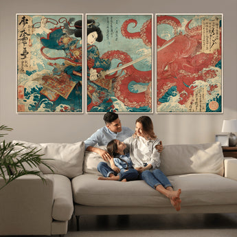 68844327-MGV-FC-60X30-3P_Natural-Tsukioka Yoshitoshi Samurai Wall Art Print, Japanese Katana Warrior Canvas Wall Art, Octopus Sea Monster Canvas Print,