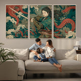 35461724-MGV-CV-36X24-Samurai Woman vs Octopus Wall Art – Japanese Ukiyo-e Ocean Waves Canvas Print, Red Tentacle Battle Artwork for Living Room,