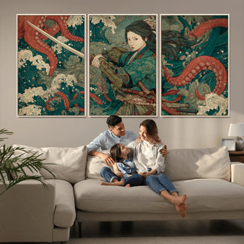 35461724-MGV-CV-36X24-Samurai Woman vs Octopus Wall Art – Japanese Ukiyo-e Ocean Waves Canvas Print, Red Tentacle Battle Artwork for Living Room,