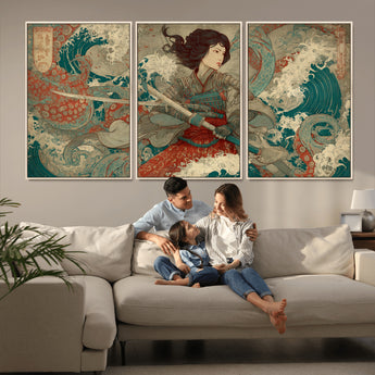 63377977-MGV-FC-60X30-3P_Natural-Tsukioka Yoshitoshi Samurai Wall Art Print, Japanese Katana Warrior Canvas Wall Art, Octopus Sea Monster Canvas Print,