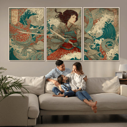 63377977-MGV-FC-60X30-3P_Natural-Tsukioka Yoshitoshi Samurai Wall Art Print, Japanese Katana Warrior Canvas Wall Art, Octopus Sea Monster Canvas Print,
