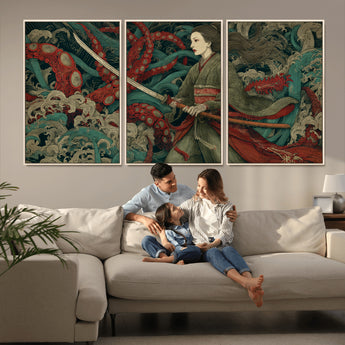 18902796-MGV-CV-36X24-Samurai Woman vs Octopus Wall Art – Japanese Ukiyo-e Green Kimono Canvas Print, Ocean Battle Scene Artwork for Living Room,