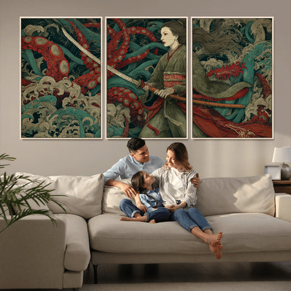 18902796-MGV-CV-36X24-Samurai Woman vs Octopus Wall Art – Japanese Ukiyo-e Green Kimono Canvas Print, Ocean Battle Scene Artwork for Living Room,
