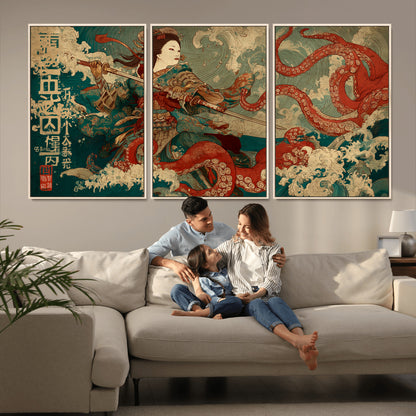 60201267-MGV-CV-36X24-Samurai Woman vs Octopus Wall Art – Japanese Ukiyo-e Armor Canvas Print, Red Tentacle Ocean Battle Artwork for Living Room,