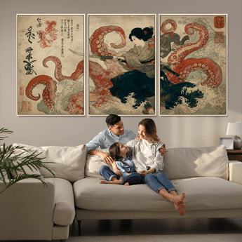 82737246-MGV-CV-36X24-Samurai Woman vs Octopus Wall Art – Japanese Ukiyo-e Dual Sword Canvas Print, Red Tentacle Ocean Battle Artwork for Living Room,