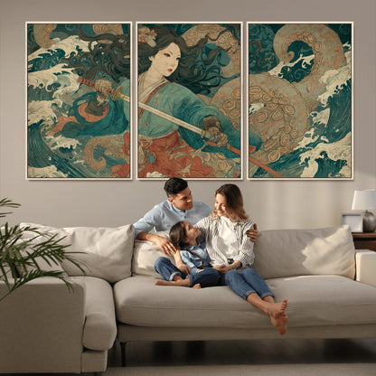 79740258-MGV-FC-60X30-3P_Natural-Tsukioka Yoshitoshi Samurai Wall Art Print, Japanese Katana Warrior Canvas Wall Art, Octopus Sea Monster Canvas Print,