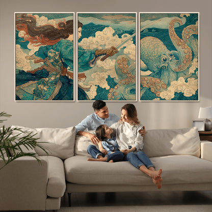 99764195-MGV-CV-36X24-Samurai vs Octopus Wall Art – Japanese Ukiyo-e Style Warrior and Sea Monster Canvas Print, Mythology Inspired Artwork for Living