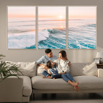 34064591-MGV-FC-60X30-3P_Natural-Surfing Wall Art – Sunset Ocean Wave Canvas Print, Surfer Riding Sea Photography Decor for Bedroom, Living Room, Office, Coastal