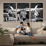 15425553-MGV-CV-36X24-Western Wall Art – Longhorn Cattle Black and White Canvas Print, Rustic Ranch Photography Decor for Bedroom, Living Room, Office,