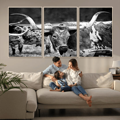 15425553-MGV-CV-36X24-Western Wall Art – Longhorn Cattle Black and White Canvas Print, Rustic Ranch Photography Decor for Bedroom, Living Room, Office,