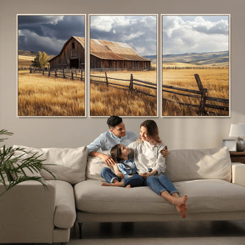 23718739-MGV-CV-36X24-Farmhouse Wall Art – Rustic Barn and Golden Wheat Field Canvas Print, Country Landscape Photography Decor for Bedroom, Living
