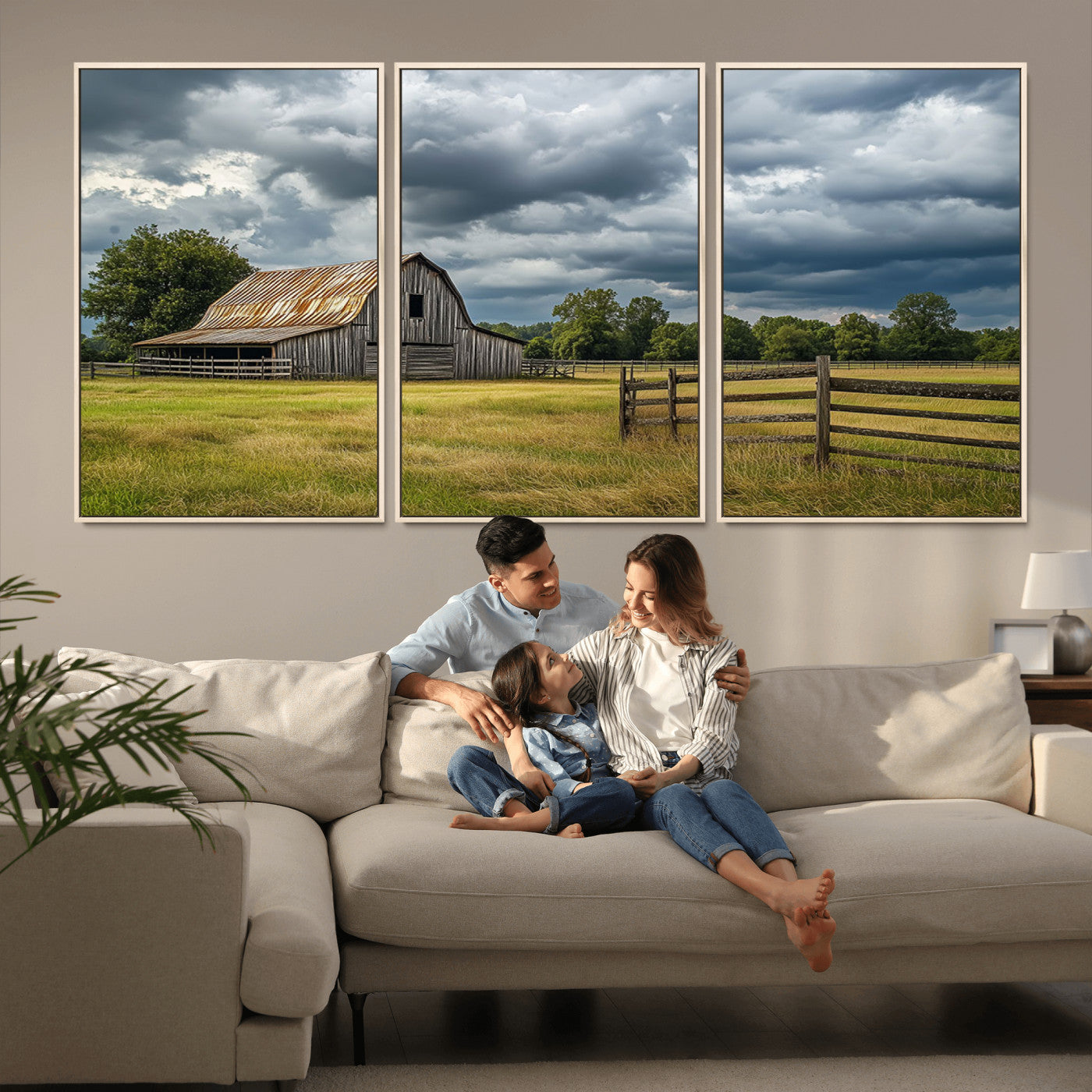 39409517-MGV-CV-36X24-Rustic Barn Wall Art – Weathered Farmhouse and Storm Clouds Canvas Print, Country Landscape Photography Decor for Bedroom, Living