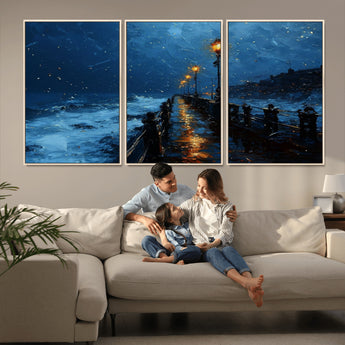 48300530-MGV-CV-36X24-Night Pier Wall Art – Moody Ocean Boardwalk Canvas Print, Impressionist Coastal Seascape Painting Decor for Living Room, Office,