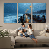93793246-MGV-CV-36X24-Stormy Night Pier Canvas Wall Art – Moody Ocean Landscape with Lights, Blue Coastal Seascape Print for Bedroom, Living Room,