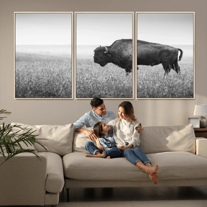 90861202-MGV-CV-36X24-Black and White Bison Canvas Wall Art – Rustic American Buffalo Print, Western Wildlife Photography for Farmhouse, Cabin, Office