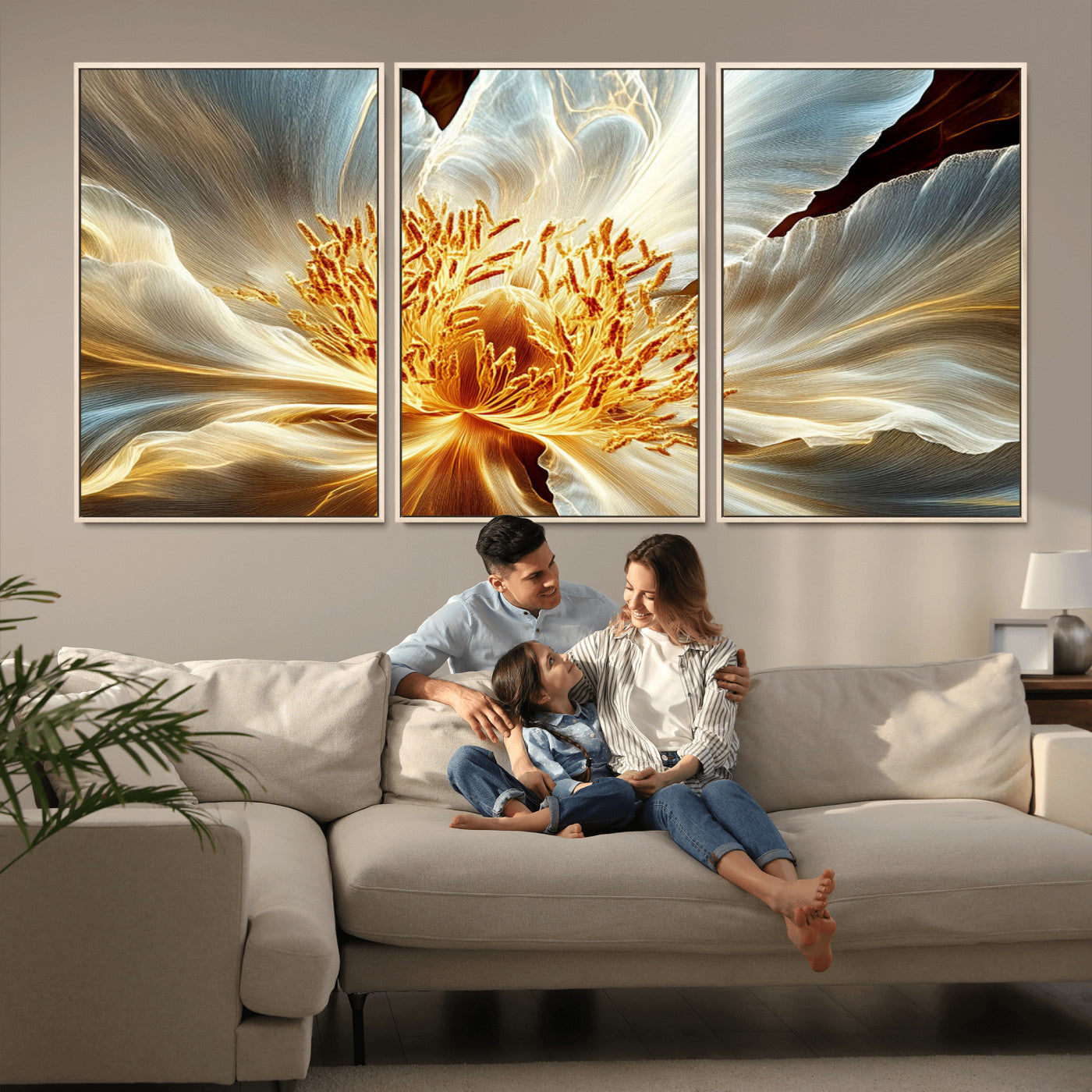 20862576-MGV-CV-36X24-Golden Abstract Flower Canvas Wall Art – Modern Botanical Bloom Print, Elegant Floral Artwork for Living Room, Bedroom, Office