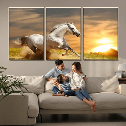 67478480-MGV-CV-36X24-White Horse Running at Sunset Wall Art – Majestic Equestrian Photography Print, Rustic Farmhouse Decor, Golden Sky Horse Lover