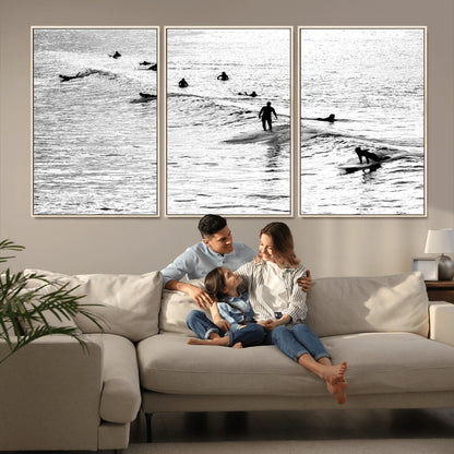 68018616-MGV-CV-36X24-Black and White Surf Photography Print – Minimalist Ocean Wall Art, Surfers Riding Waves, Coastal Beach Decor for Modern Home or