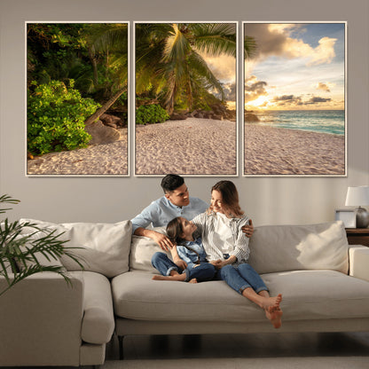 89531159-MGV-CV-36X24-Tropical Beach Sunset Canvas Wall Art – Palm Trees Golden Sand Ocean Waves Coastal Paradise Print for Beach House Bedroom Bathroom