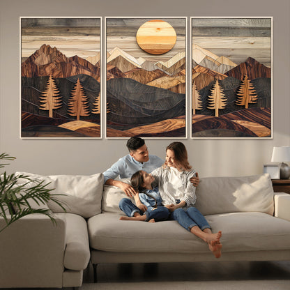 90044381-MGV-CV-36X24-Rustic Wall Art – Wooden Mountain Landscape with Sun and Pine Trees, Handcrafted Nature Canvas Style Decor for Bedroom, Living