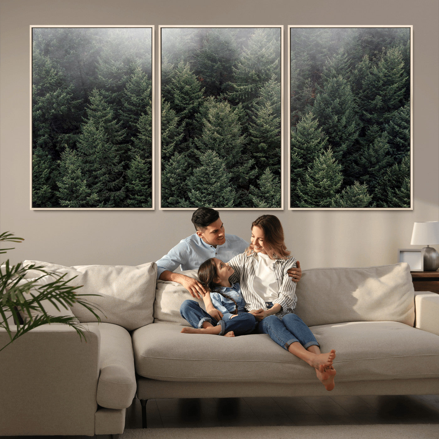 84059409-MGV-FC-60X30-3P_Natural-Forest Wall Art – Misty Evergreen Trees Canvas Print, Tranquil Nature Photography Decor for Bedroom, Living Room, Office, Cabin or