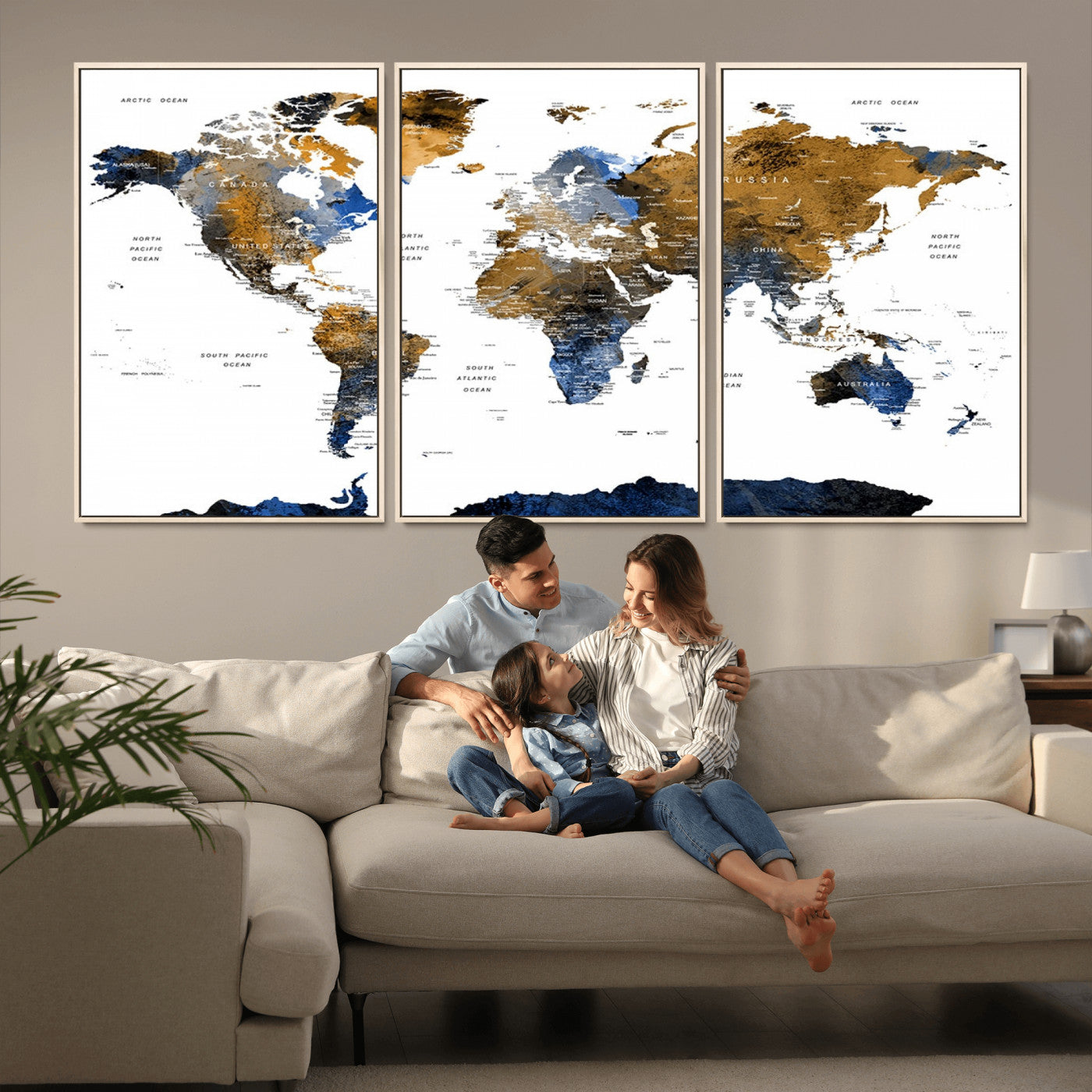 MGV-FC-60X30-3P - World Map Wall Art Canvas Print, Framed Blue Gold Map Art Picture Print, Rustic Atlas Perfect Rustic Modern Decor Artwork