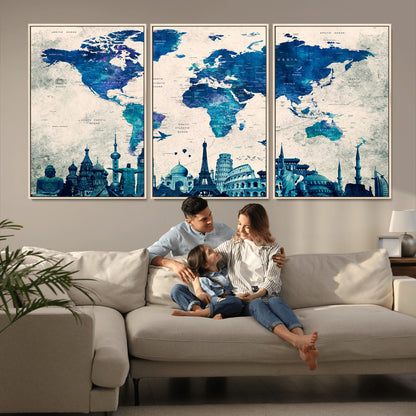MGV-FC-60X30-3P - Blue World Map Wall Art Canvas Print, Framed Iconic Landmarks Art Picture Print, Blue Globe Map Perfect Elegant Explorer Decor Artwork