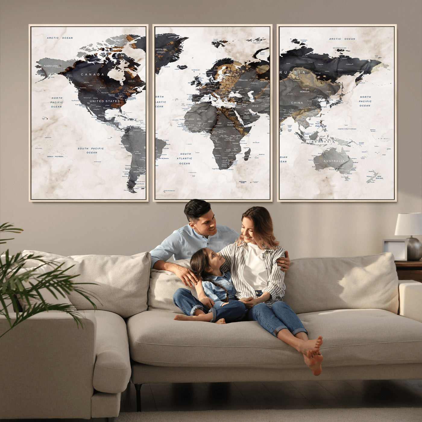 MGV-FC-60X30-3P - World Map Wall Art Canvas Print, Framed Rustic Map Art Picture Print, Antique Map Perfect Rustic Explorer Decor Artwork