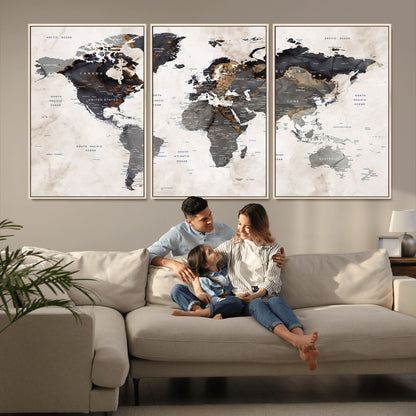 MGV-FC-60X30-3P - World Map Wall Art Canvas Print, Framed Rustic Map Art Picture Print, Antique Map Perfect Rustic Explorer Decor Artwork