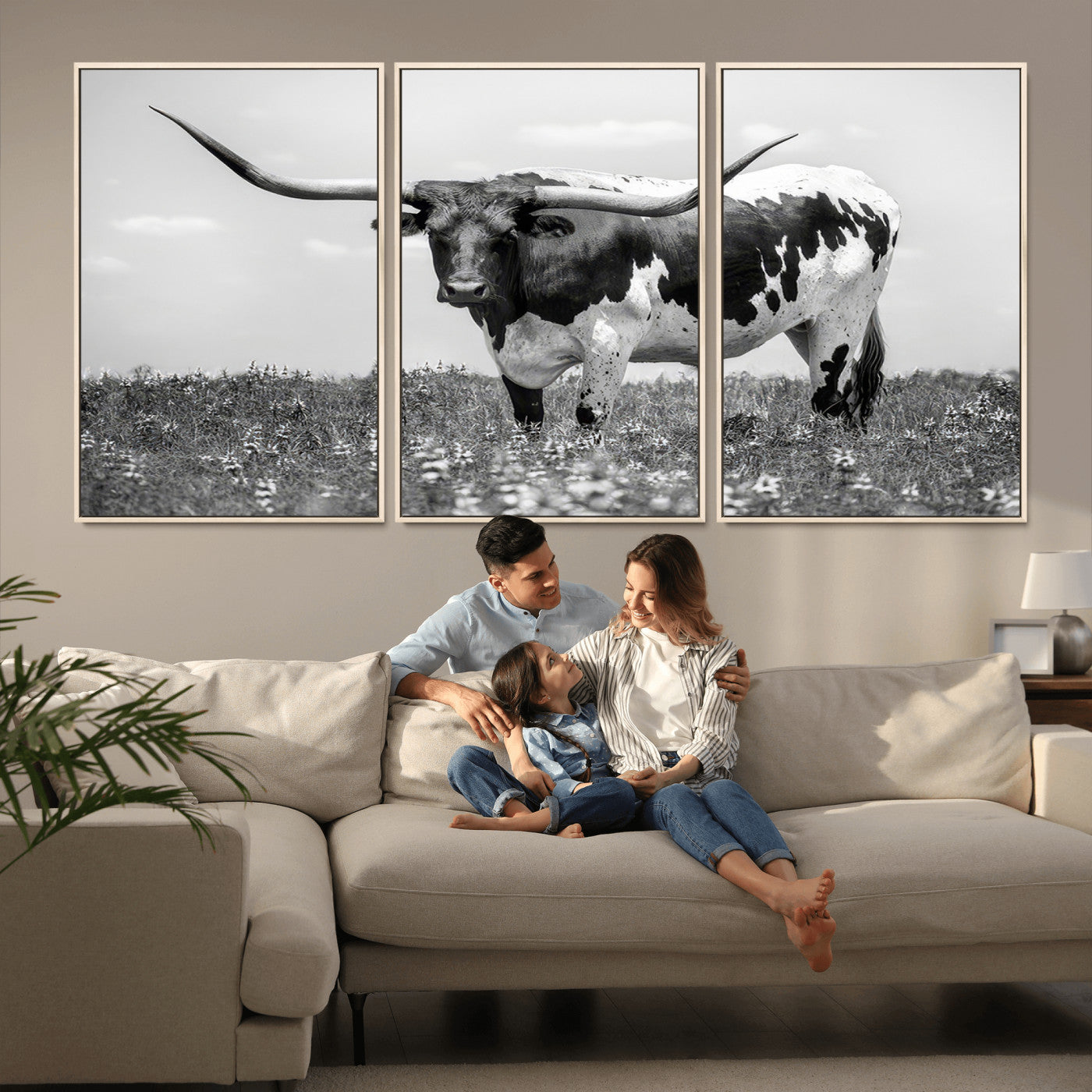 83785-MGV-CV-36X24-Texas Longhorn Wall Art Canvas Print, Framed Horned Bull Art Picture Print, Monochrome Cattle Perfect Rustic Western Decor Artwork