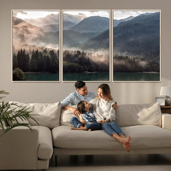 64758-MGV-CV-36X24-Misty Mountains Wall Art Canvas Print, Framed Moody Pines Art Picture Print, Forest Lake Perfect Moody Alpine Decor Artwork