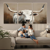 63550-MGV-CV-36X24-Texas Longhorn Wall Art Canvas Print, Framed White Bull Art Picture Print, Horned Cattle Perfect Rustic Western Decor Artwork