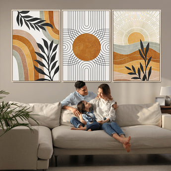 32359-MGV-CV-36X24-Modern Sun Wall Art Canvas Print, Framed Retro Horizon Art Picture Print, Sunburst Design Perfect Mid Century Boho Decor Artwork