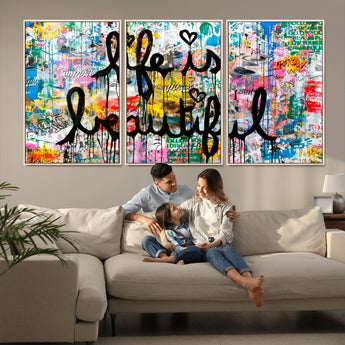 36856-MGV-FC-60X30-3P_Natural-Life Is Beautiful Wall Art – Colorful Graffiti Canvas Print, Modern Street Style Artwork, Inspirational Decor for Living Room,