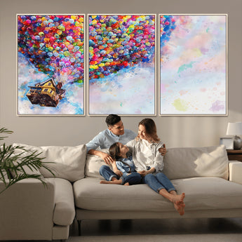 18792-MGV-FC-60X30-3P_Natural-Up Movie House Wall Art Canvas Print, Framed Carls Journey Art Picture Print, Up Inspired Perfect Animated Whimsical Decor Artwork